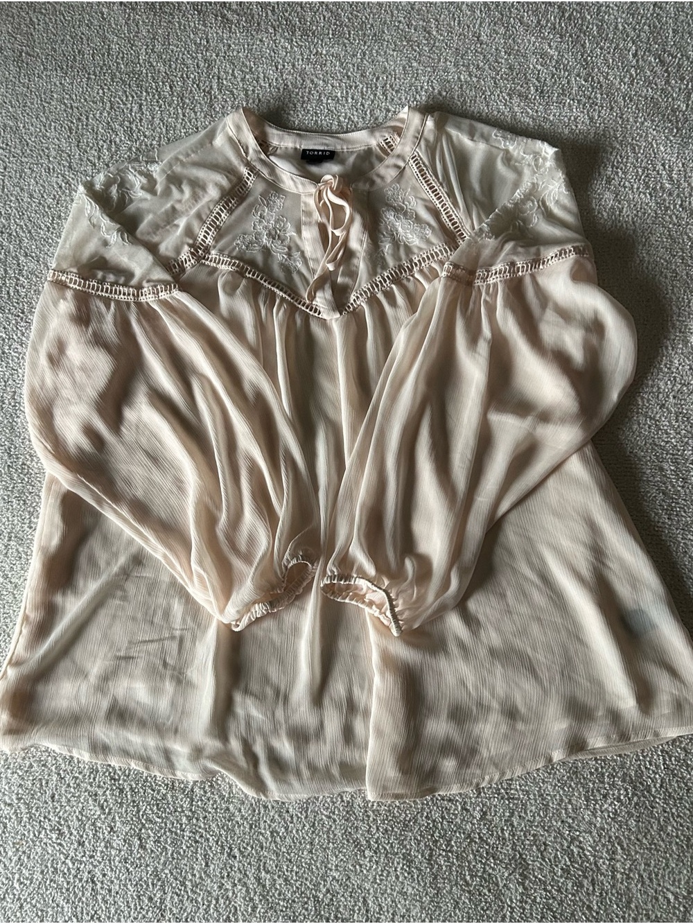 Torrid Cream-Blush Peasant Blouse with Lace Trim